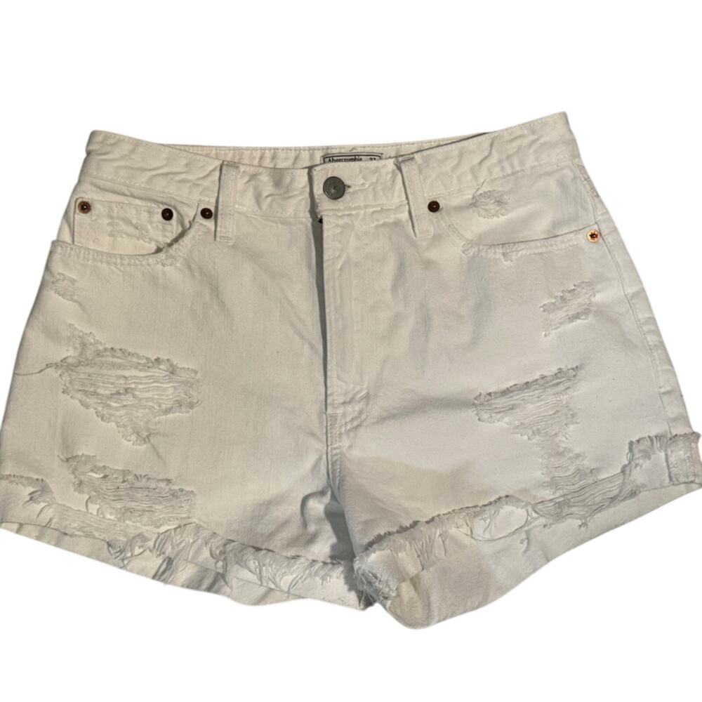 Abercrombie & Fitch Annie High Rise Distressed White Denim Jean Shorts Sz 27 4